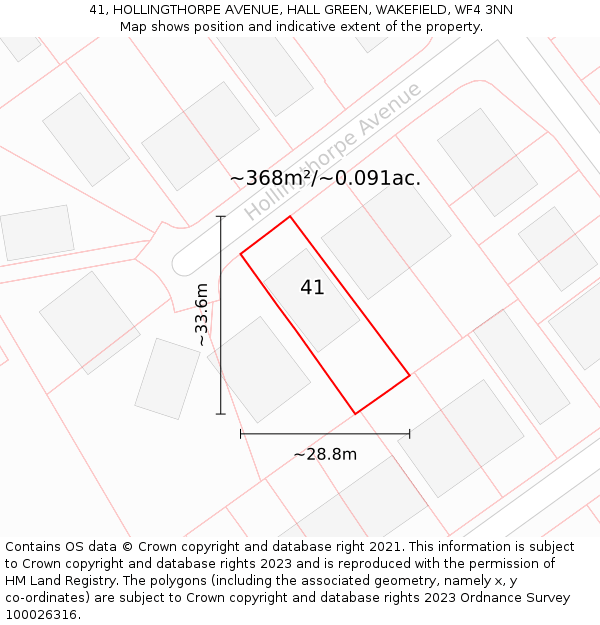 41, HOLLINGTHORPE AVENUE, HALL GREEN, WAKEFIELD, WF4 3NN: Plot and title map