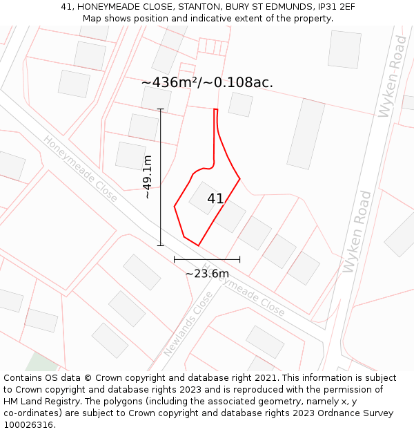41, HONEYMEADE CLOSE, STANTON, BURY ST EDMUNDS, IP31 2EF: Plot and title map