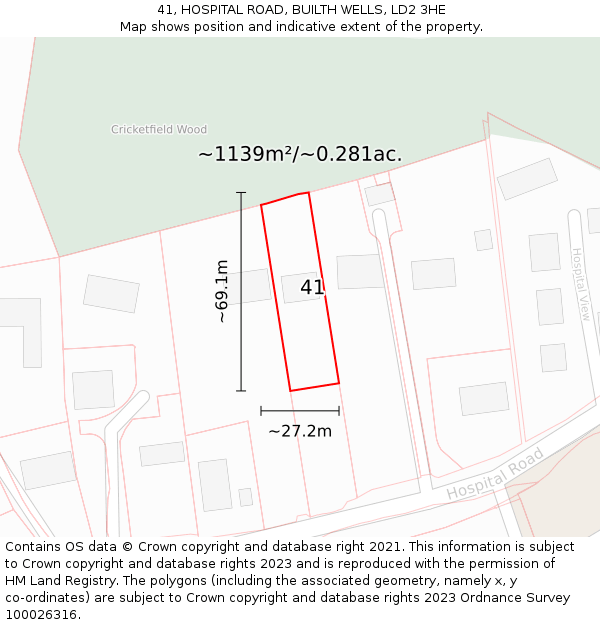 41, HOSPITAL ROAD, BUILTH WELLS, LD2 3HE: Plot and title map