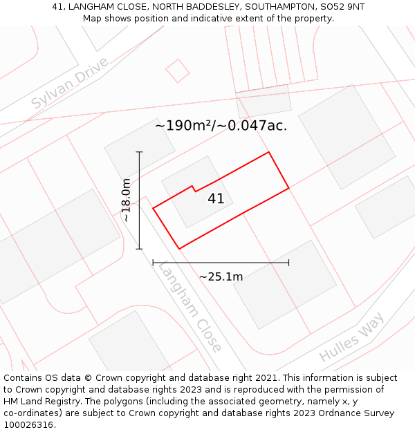 41, LANGHAM CLOSE, NORTH BADDESLEY, SOUTHAMPTON, SO52 9NT: Plot and title map