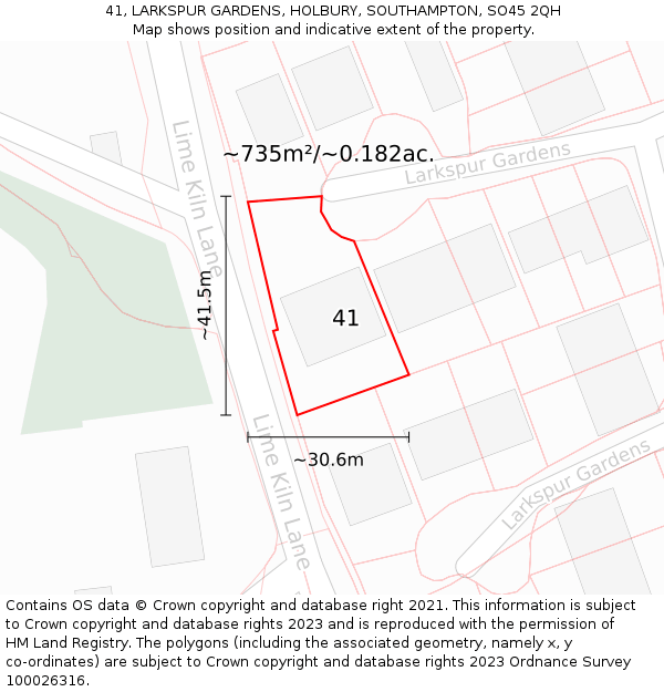 41, LARKSPUR GARDENS, HOLBURY, SOUTHAMPTON, SO45 2QH: Plot and title map