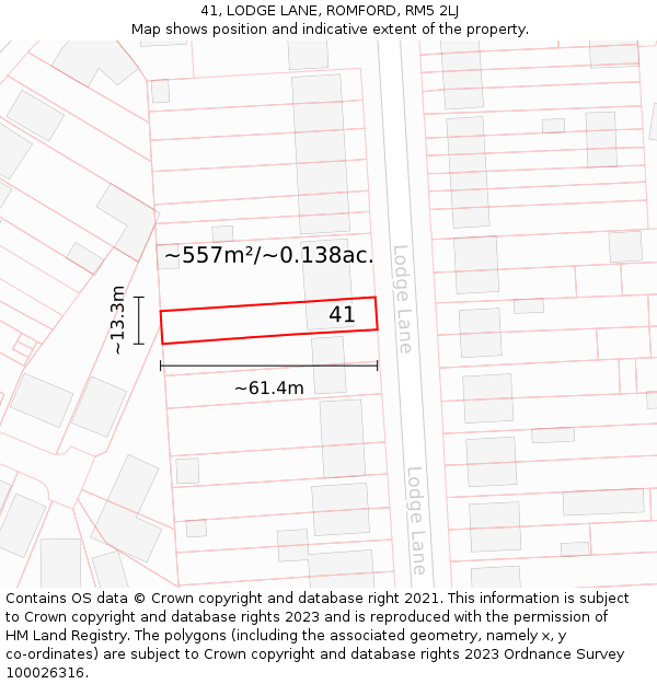 41, LODGE LANE, ROMFORD, RM5 2LJ: Plot and title map