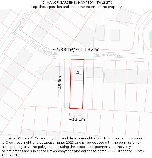 41, MANOR GARDENS, HAMPTON, TW12 2TX: Plot and title map