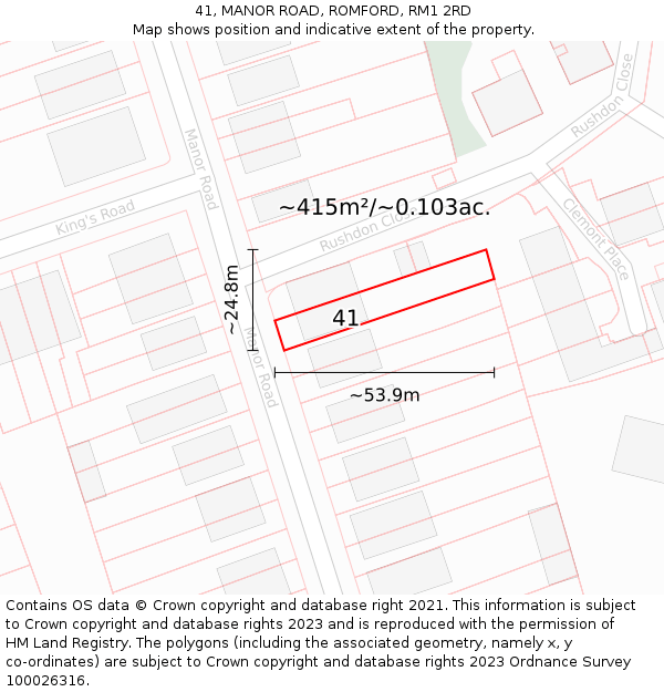 41, MANOR ROAD, ROMFORD, RM1 2RD: Plot and title map