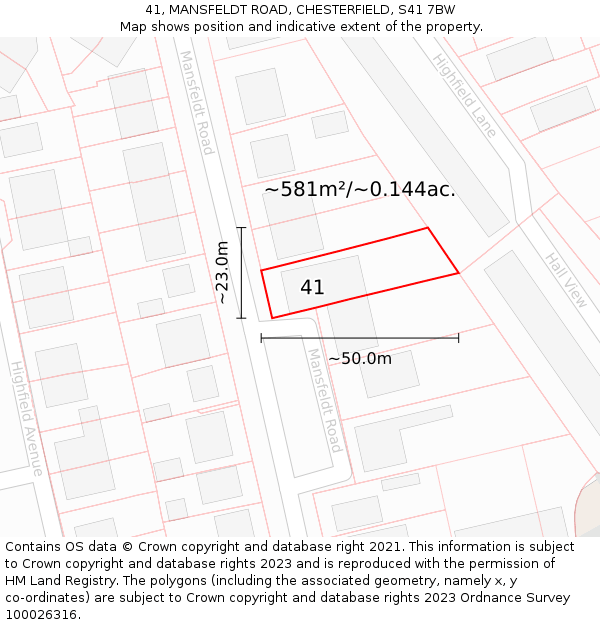 41, MANSFELDT ROAD, CHESTERFIELD, S41 7BW: Plot and title map