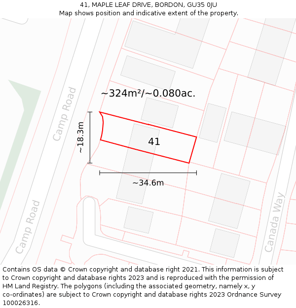 41, MAPLE LEAF DRIVE, BORDON, GU35 0JU: Plot and title map