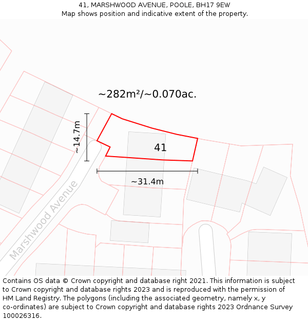 41, MARSHWOOD AVENUE, POOLE, BH17 9EW: Plot and title map