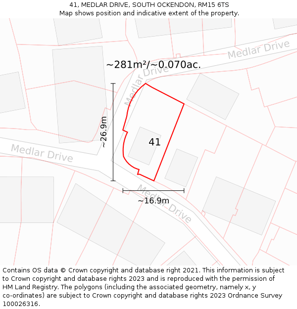 41, MEDLAR DRIVE, SOUTH OCKENDON, RM15 6TS: Plot and title map