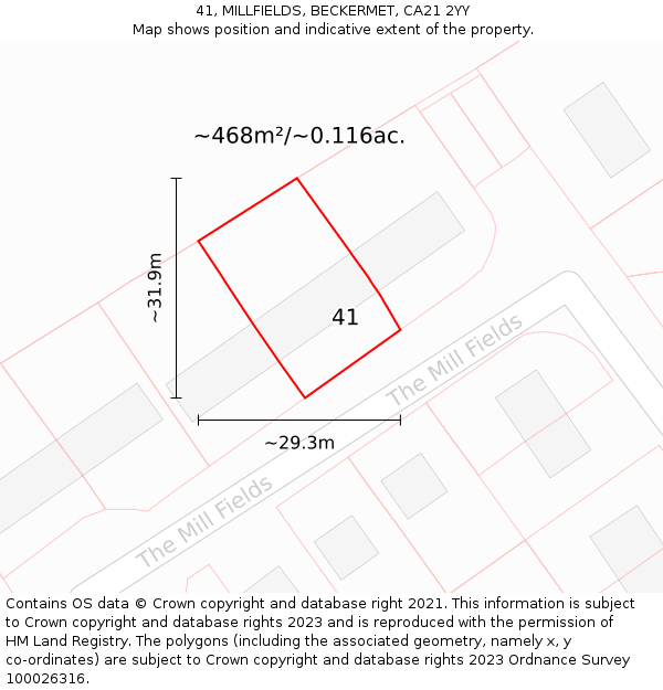 41, MILLFIELDS, BECKERMET, CA21 2YY: Plot and title map