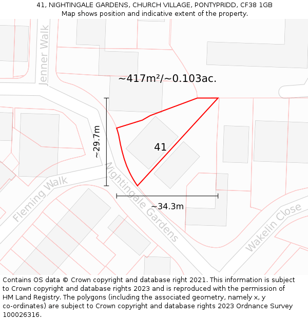 41, NIGHTINGALE GARDENS, CHURCH VILLAGE, PONTYPRIDD, CF38 1GB: Plot and title map