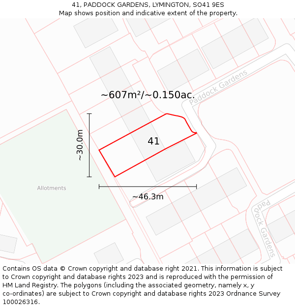 41, PADDOCK GARDENS, LYMINGTON, SO41 9ES: Plot and title map