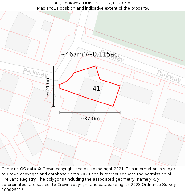 41, PARKWAY, HUNTINGDON, PE29 6JA: Plot and title map