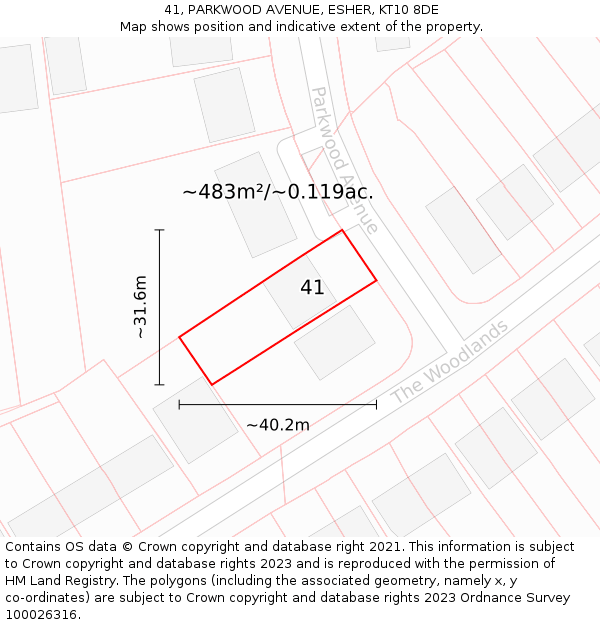41, PARKWOOD AVENUE, ESHER, KT10 8DE: Plot and title map