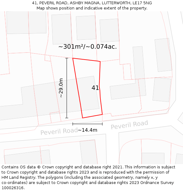 41, PEVERIL ROAD, ASHBY MAGNA, LUTTERWORTH, LE17 5NG: Plot and title map