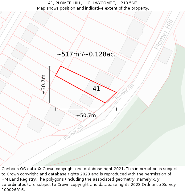 41, PLOMER HILL, HIGH WYCOMBE, HP13 5NB: Plot and title map