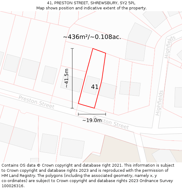 41, PRESTON STREET, SHREWSBURY, SY2 5PL: Plot and title map