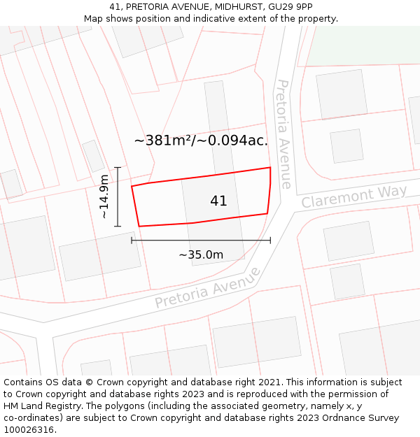 41, PRETORIA AVENUE, MIDHURST, GU29 9PP: Plot and title map