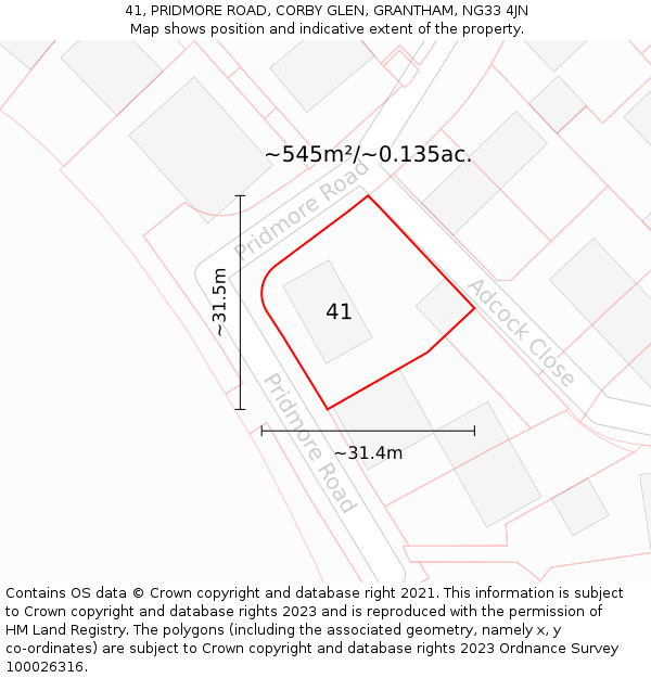 41, PRIDMORE ROAD, CORBY GLEN, GRANTHAM, NG33 4JN: Plot and title map