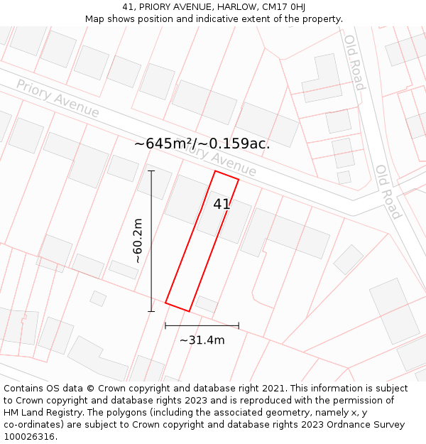 41, PRIORY AVENUE, HARLOW, CM17 0HJ: Plot and title map