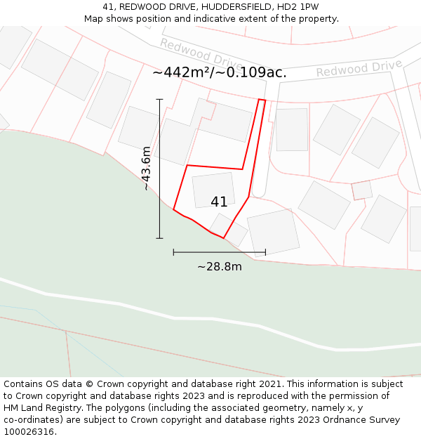 41, REDWOOD DRIVE, HUDDERSFIELD, HD2 1PW: Plot and title map