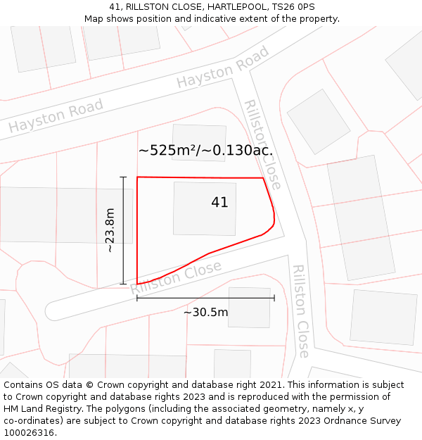 41, RILLSTON CLOSE, HARTLEPOOL, TS26 0PS: Plot and title map