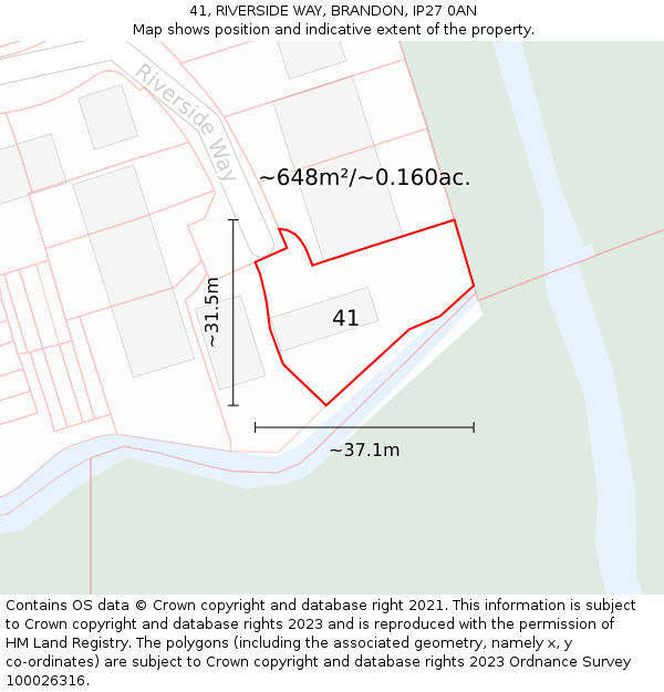41, RIVERSIDE WAY, BRANDON, IP27 0AN: Plot and title map