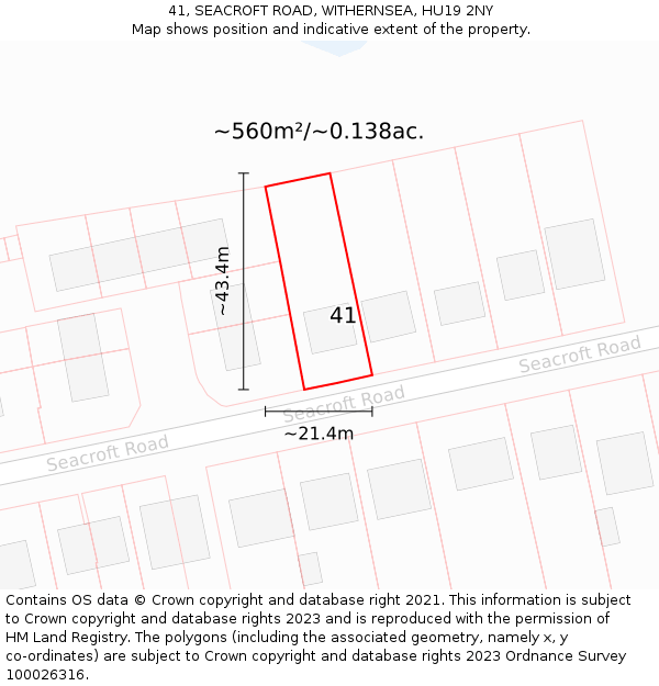 41, SEACROFT ROAD, WITHERNSEA, HU19 2NY: Plot and title map