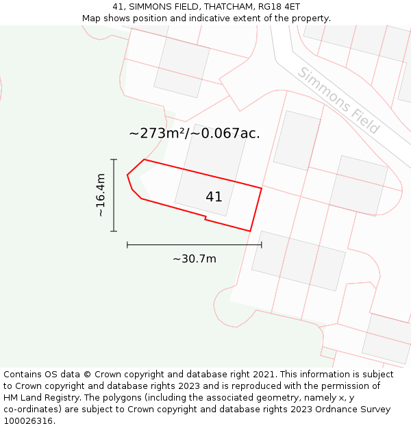 41, SIMMONS FIELD, THATCHAM, RG18 4ET: Plot and title map