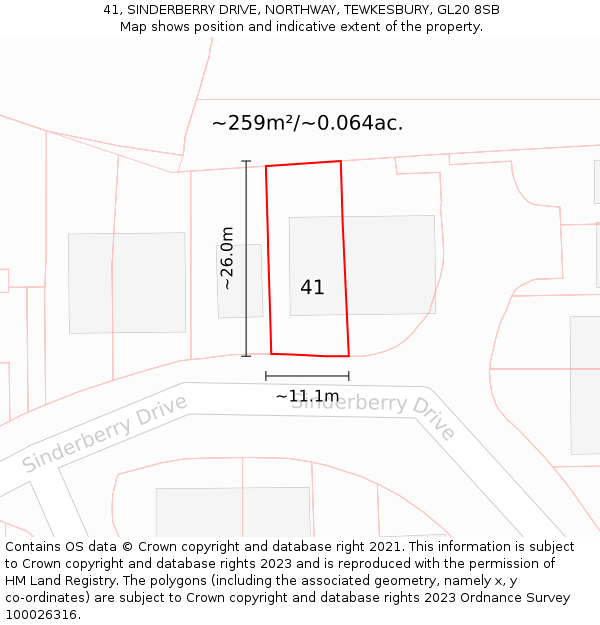 41, SINDERBERRY DRIVE, NORTHWAY, TEWKESBURY, GL20 8SB: Plot and title map
