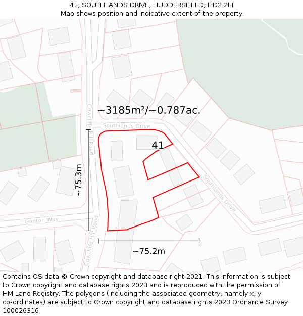 41, SOUTHLANDS DRIVE, HUDDERSFIELD, HD2 2LT: Plot and title map