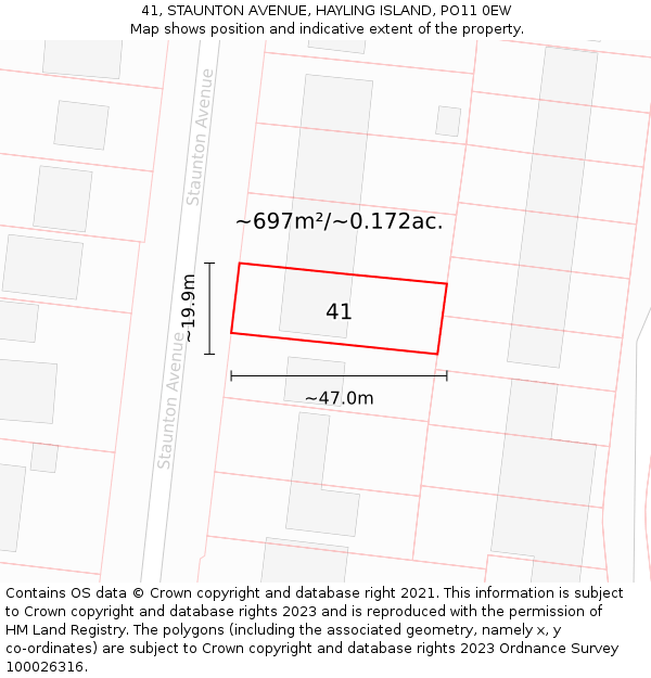 41, STAUNTON AVENUE, HAYLING ISLAND, PO11 0EW: Plot and title map