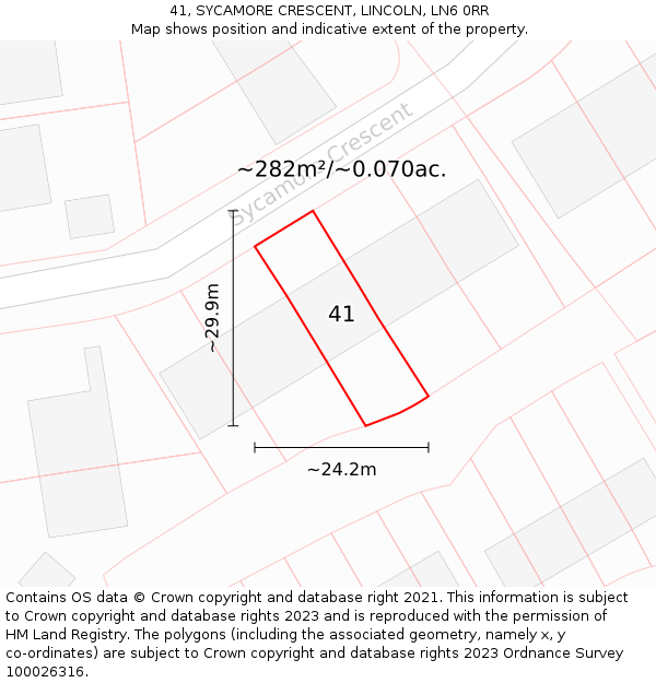 41, SYCAMORE CRESCENT, LINCOLN, LN6 0RR: Plot and title map