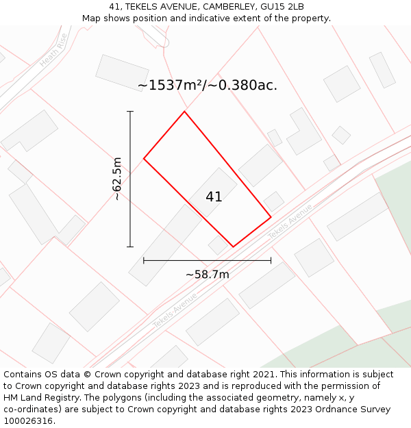 41, TEKELS AVENUE, CAMBERLEY, GU15 2LB: Plot and title map