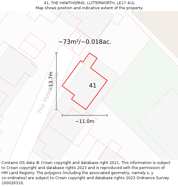 41, THE HAWTHORNS, LUTTERWORTH, LE17 4UL: Plot and title map