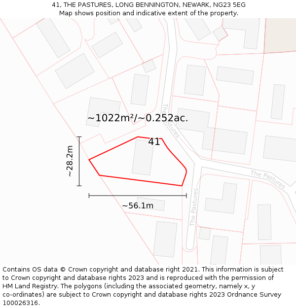 41, THE PASTURES, LONG BENNINGTON, NEWARK, NG23 5EG: Plot and title map