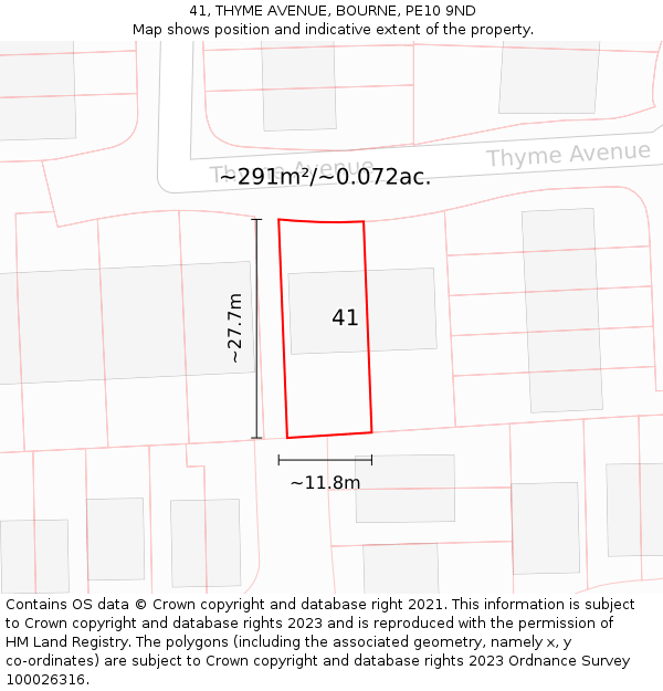 41, THYME AVENUE, BOURNE, PE10 9ND: Plot and title map