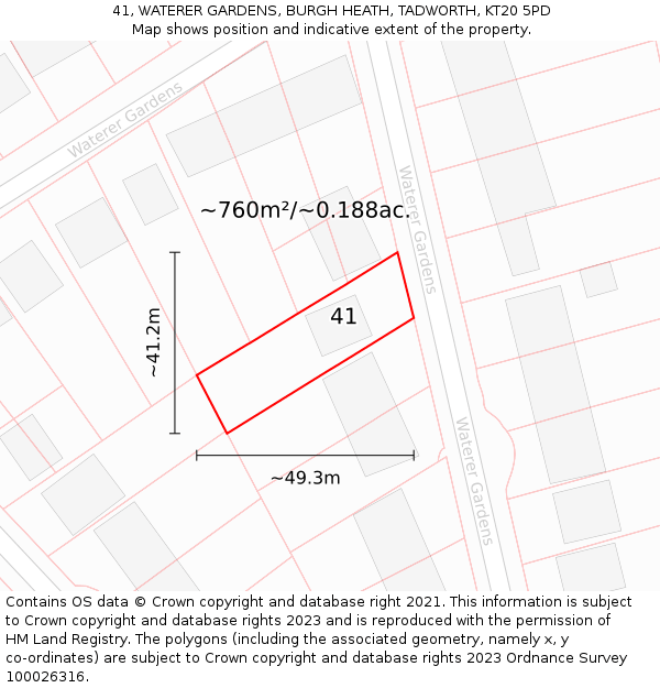 41, WATERER GARDENS, BURGH HEATH, TADWORTH, KT20 5PD: Plot and title map