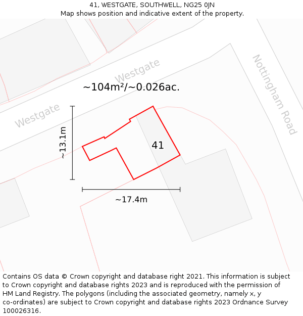 41, WESTGATE, SOUTHWELL, NG25 0JN: Plot and title map