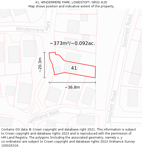 41, WINDERMERE PARK, LOWESTOFT, NR32 4UD: Plot and title map