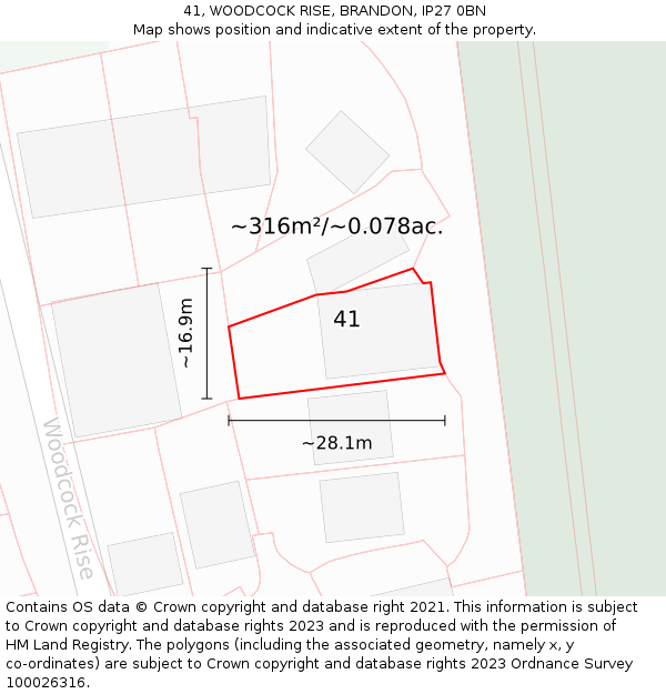 41, WOODCOCK RISE, BRANDON, IP27 0BN: Plot and title map