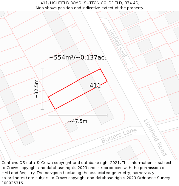 411, LICHFIELD ROAD, SUTTON COLDFIELD, B74 4DJ: Plot and title map