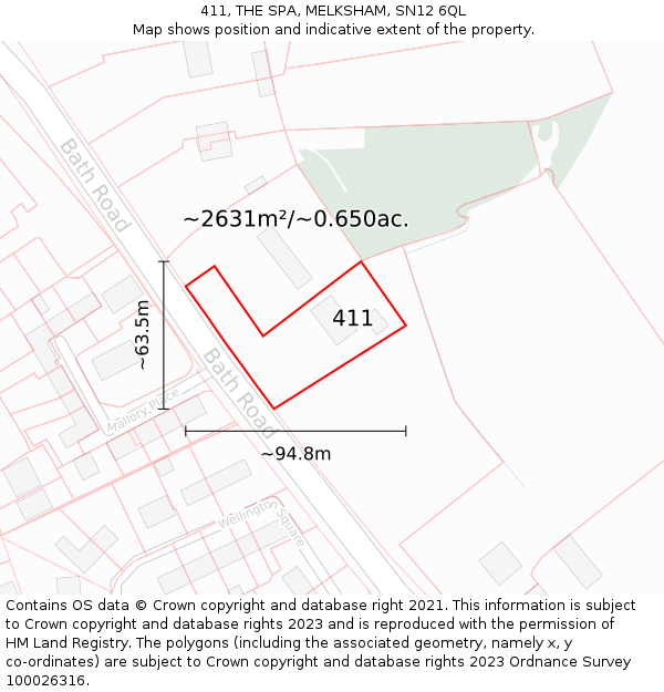 411, THE SPA, MELKSHAM, SN12 6QL: Plot and title map