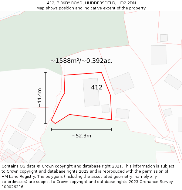 412, BIRKBY ROAD, HUDDERSFIELD, HD2 2DN: Plot and title map