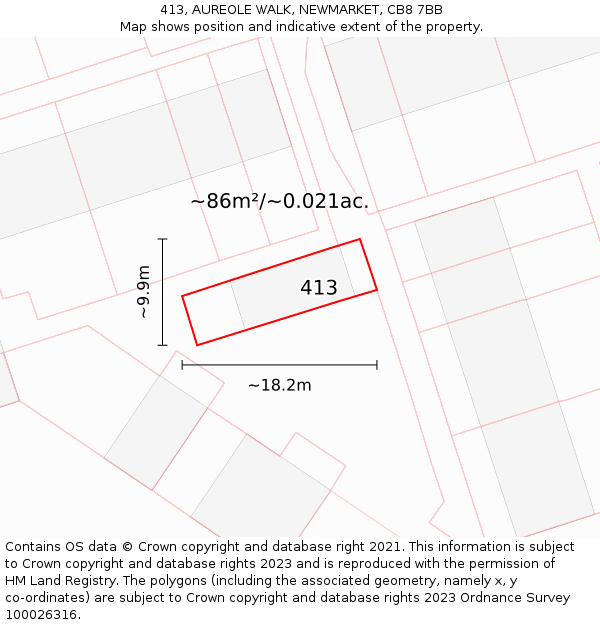 413, AUREOLE WALK, NEWMARKET, CB8 7BB: Plot and title map