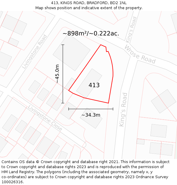 413, KINGS ROAD, BRADFORD, BD2 1NL: Plot and title map