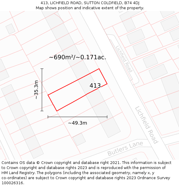 413, LICHFIELD ROAD, SUTTON COLDFIELD, B74 4DJ: Plot and title map