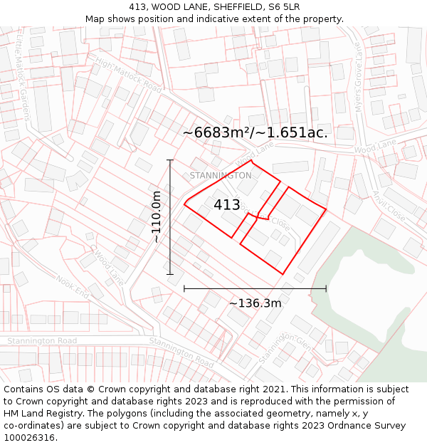 413, WOOD LANE, SHEFFIELD, S6 5LR: Plot and title map