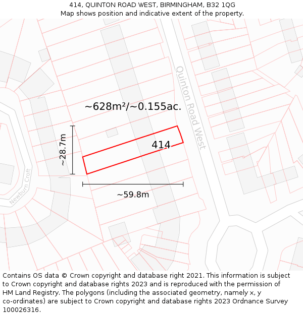 414, QUINTON ROAD WEST, BIRMINGHAM, B32 1QG: Plot and title map