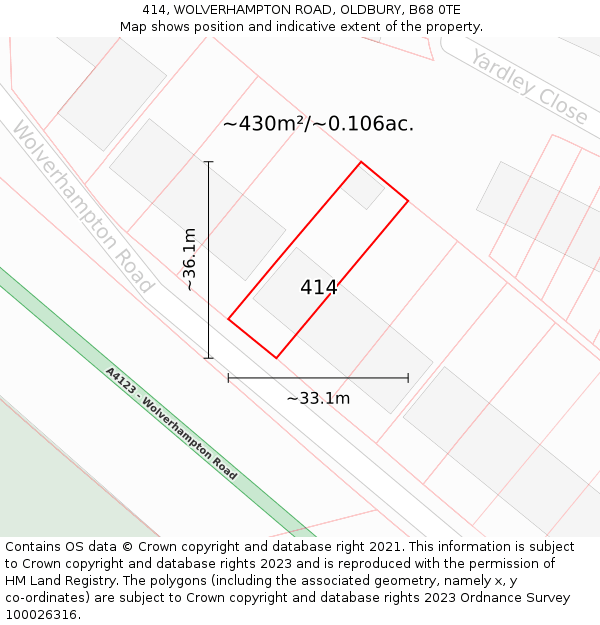 414, WOLVERHAMPTON ROAD, OLDBURY, B68 0TE: Plot and title map