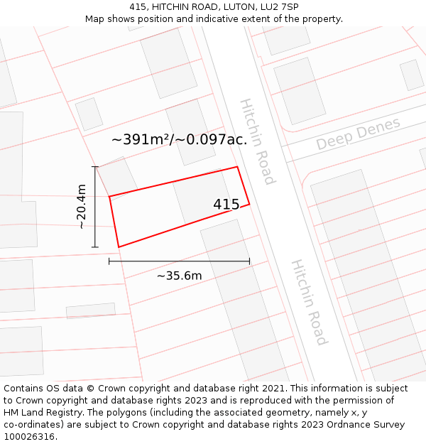 415, HITCHIN ROAD, LUTON, LU2 7SP: Plot and title map